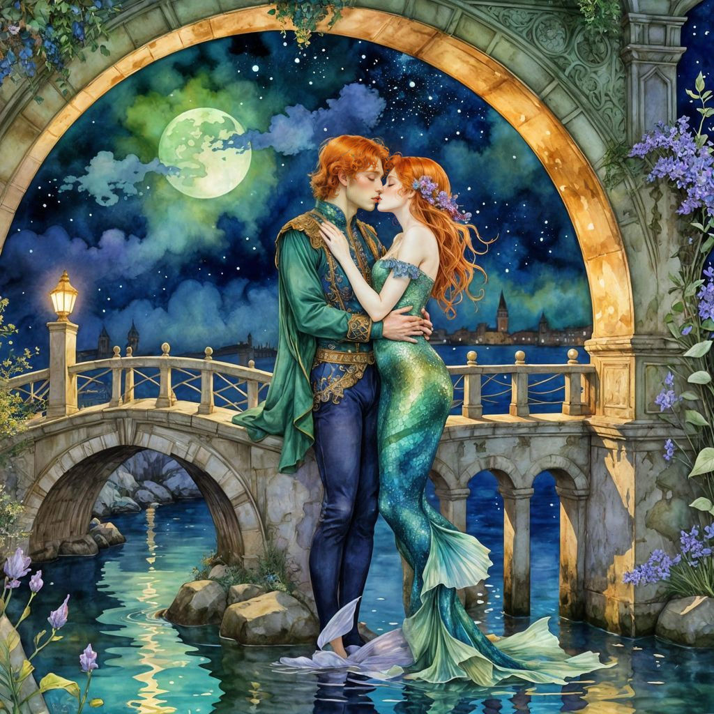 Mermaid Kissing Prince: Surreal Watercolor Illustration
