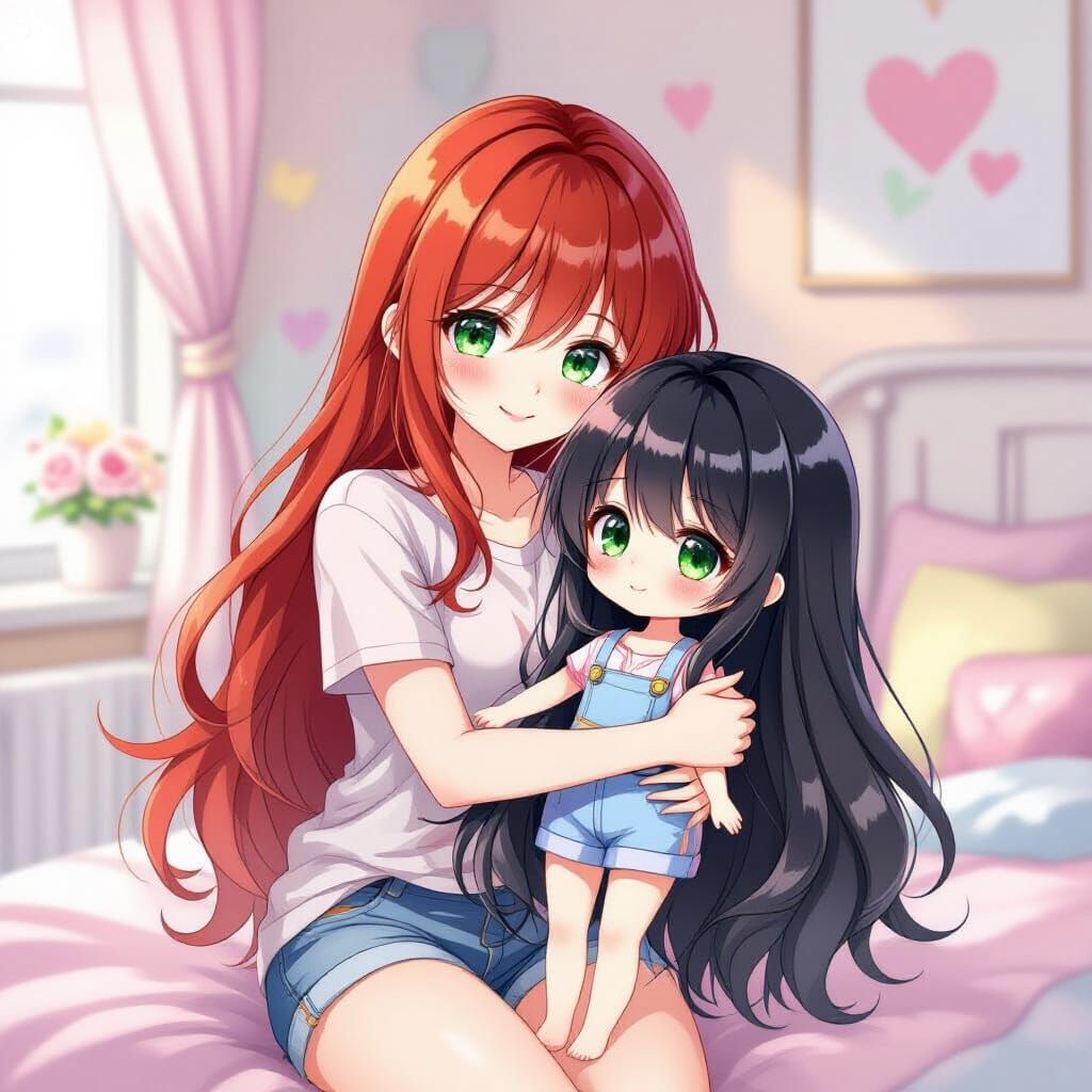 Japanese Woman Hugging Doll in Watercolor Anime Style