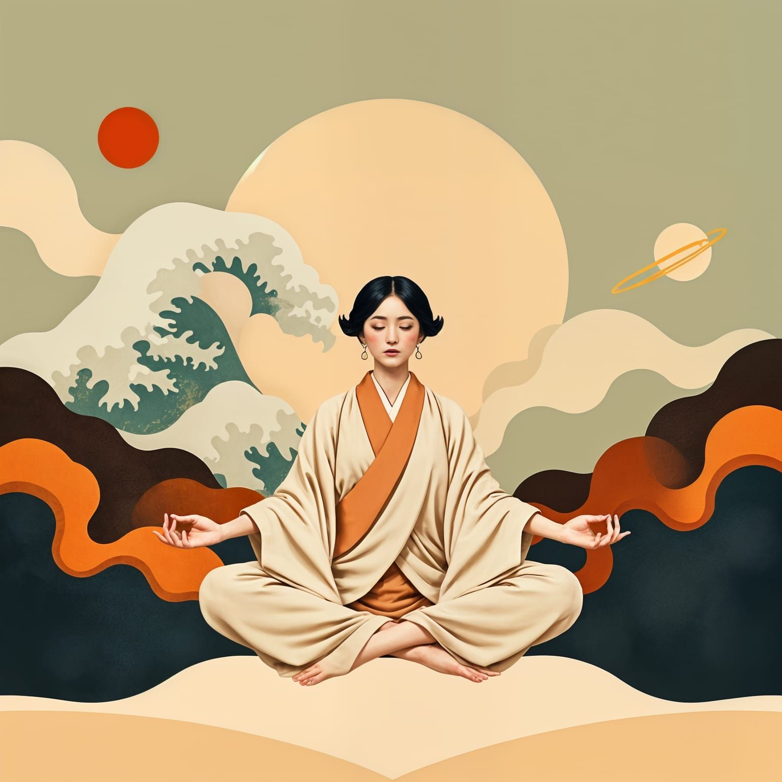 Japanese Woman in Lotus Position, Abstract Collage