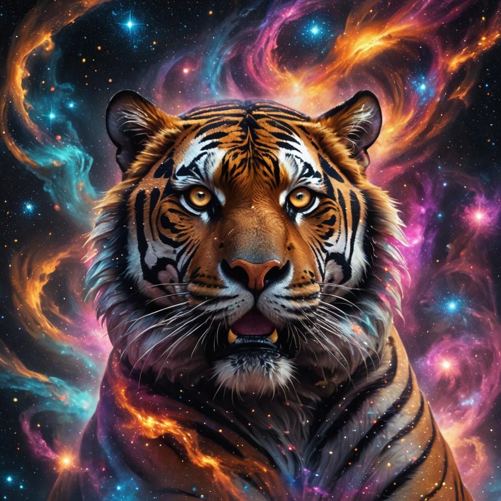 Cosmic Tiger Portrait in Galaxy Field