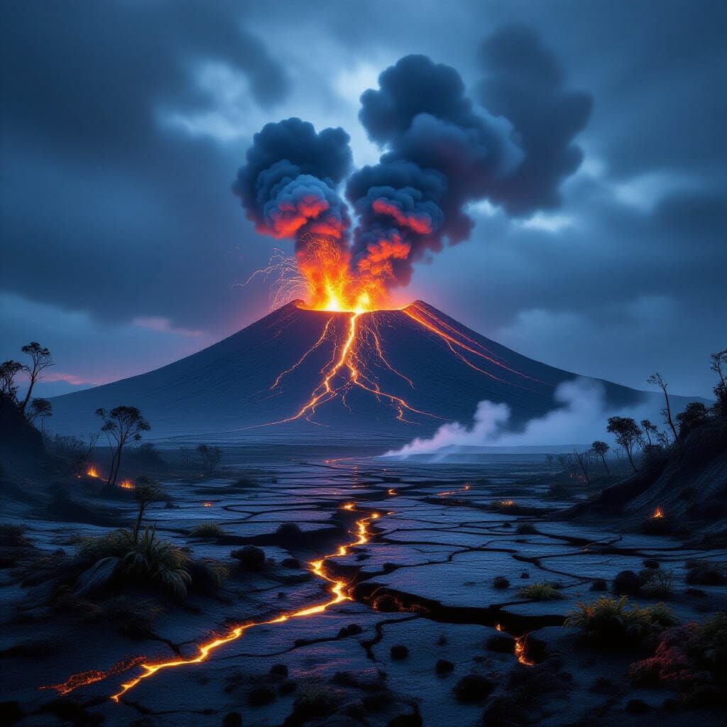 Massive Volcano Erupting Under Dark Sky