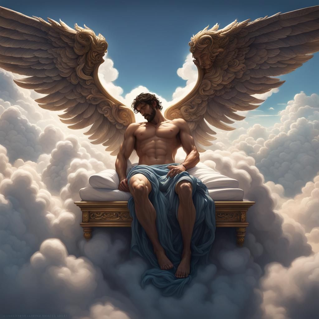 Dreamy Winged Man on Clouds in Dark Fantasy Style