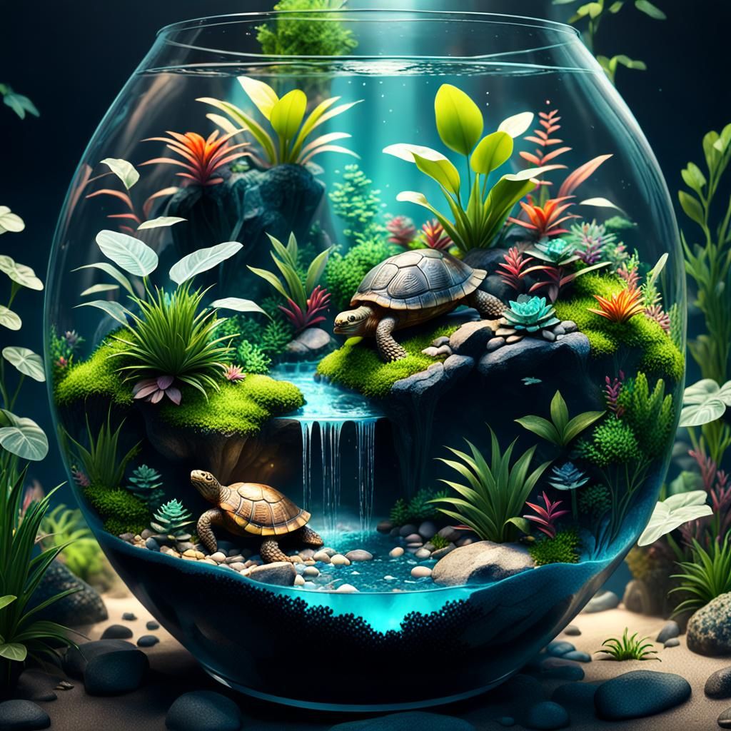 Lush Terrarium with Turtle: Detailed Fantasy Art