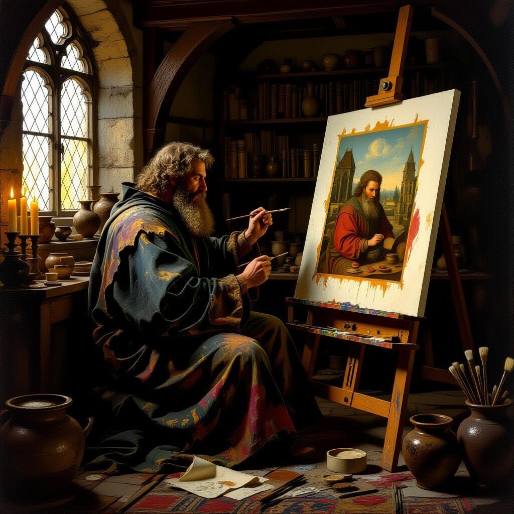 Medieval Painter at Work in Candlelit Workshop