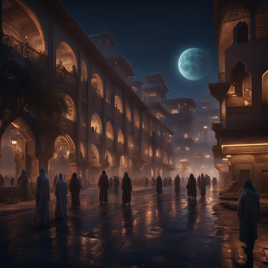 Modern Arabic City Gazing at Crescent Moon