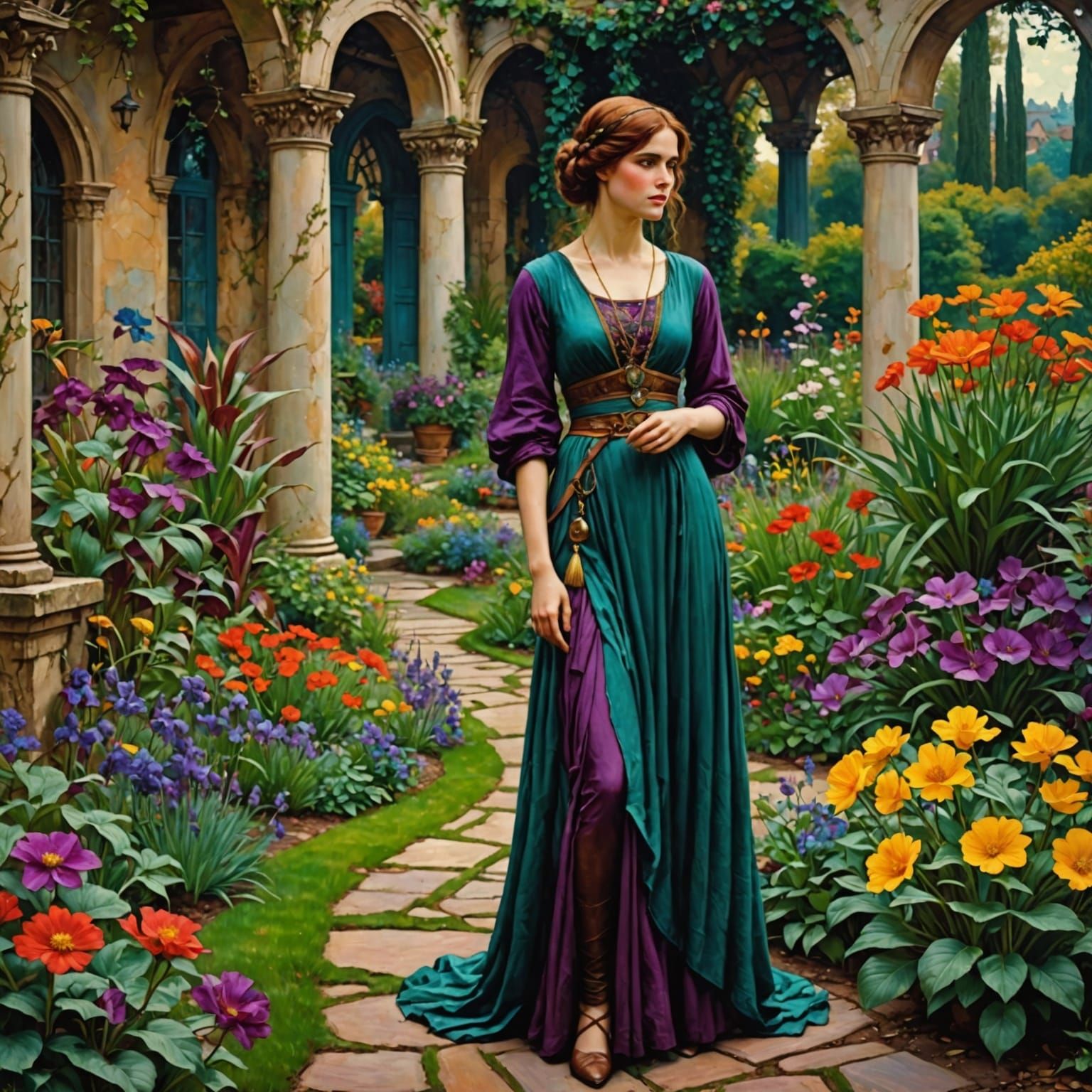 Vibrant Pre-Raphaelite Garden Scene