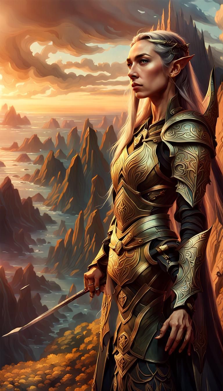 Elven Warrior on Cliffside in Golden Light