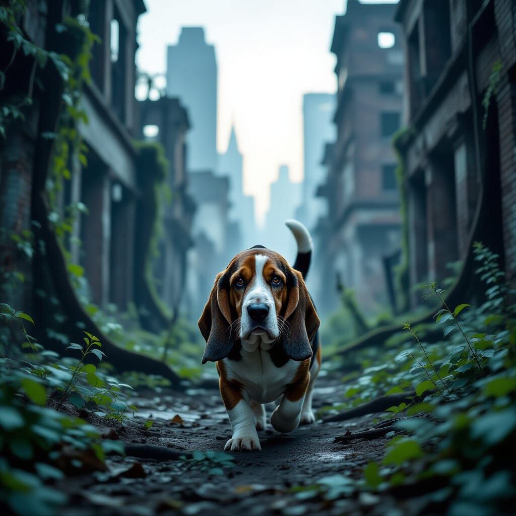 Basset Hound Explores Nature Reclaiming Ruined City