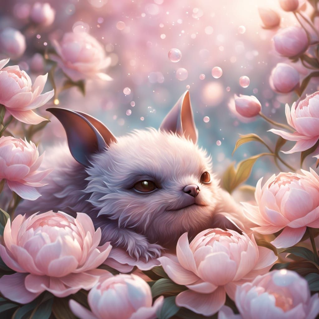 Baby Bat Sleeps in Giant Pastel Peony: Enchanted Fantasy Art