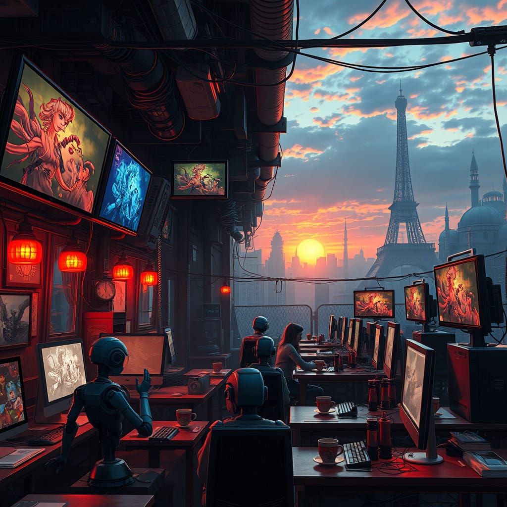 Fantastical Internet Café at Sunset in Dreamlike Matte Paint...