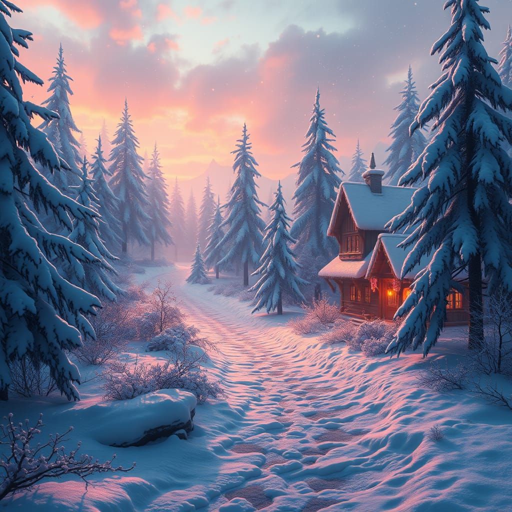 Winter Wonderland Christmas Scene in Vibrant, Muted Tones as...