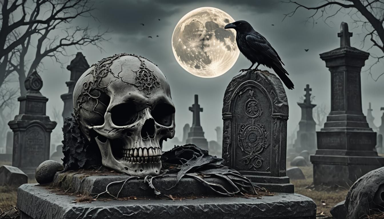 Eldritch Skull and Raven in Lovecraftian Horror Style