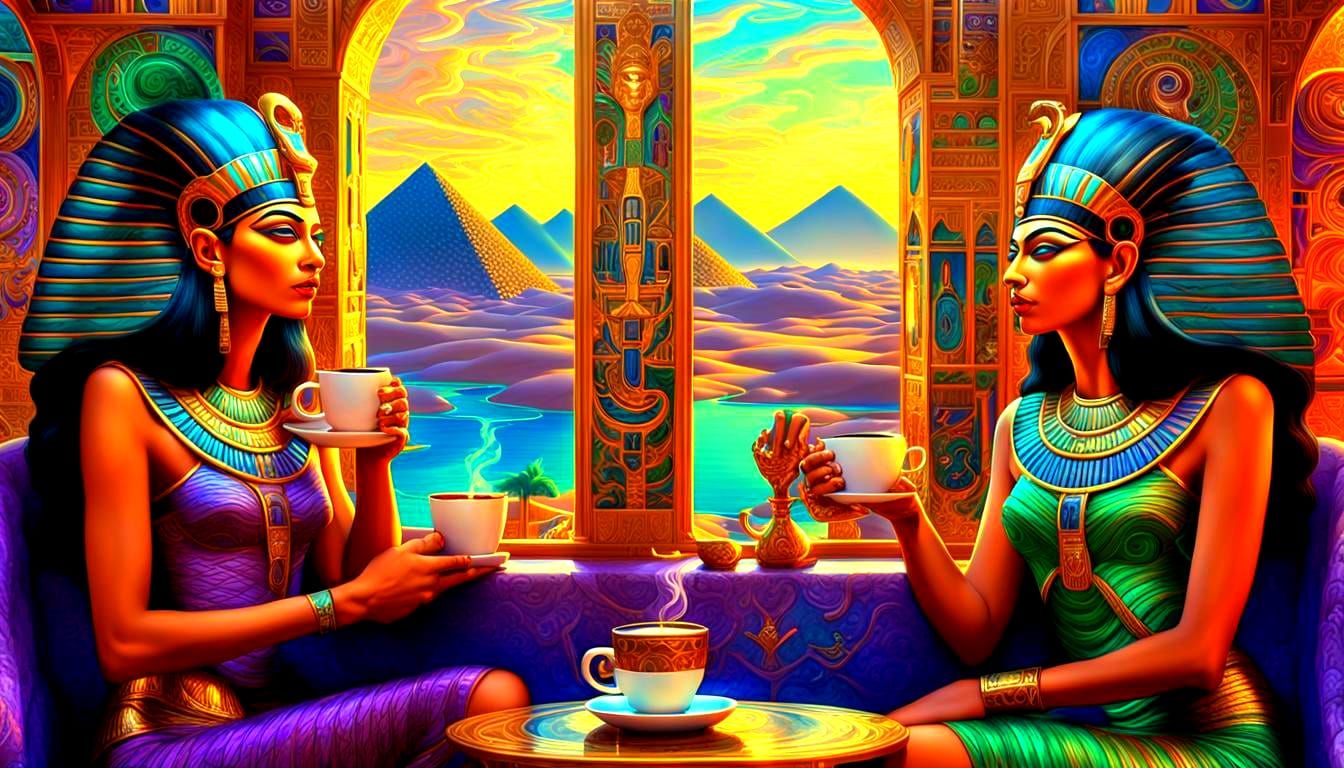 egyptian god and egyptian goddess drinking coffee in their f...