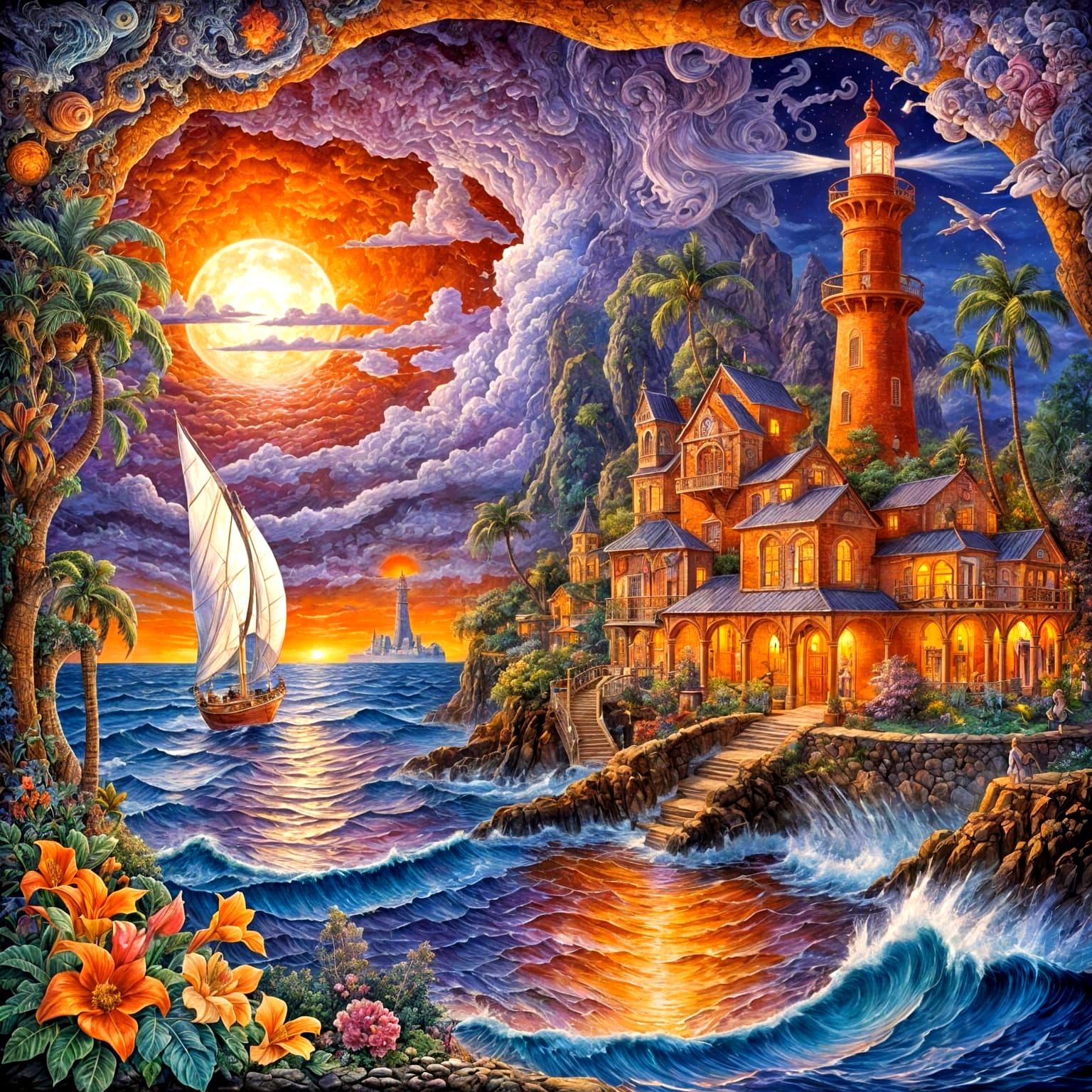 Surreal Hawaiian Harbor with Lighthouse and Sailboat