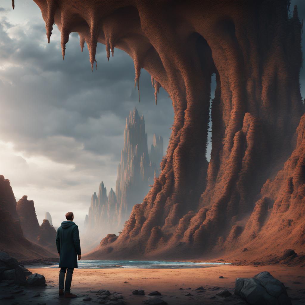Man Looks at Giant Footprint: Detailed Matte Painting