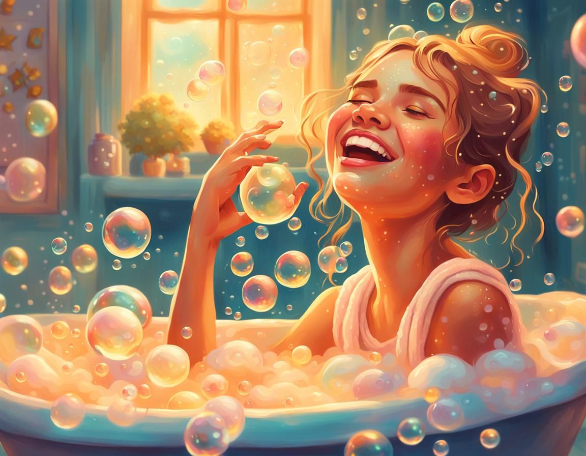 Girl in Bubble Bath: Fantasy Watercolor Illustration