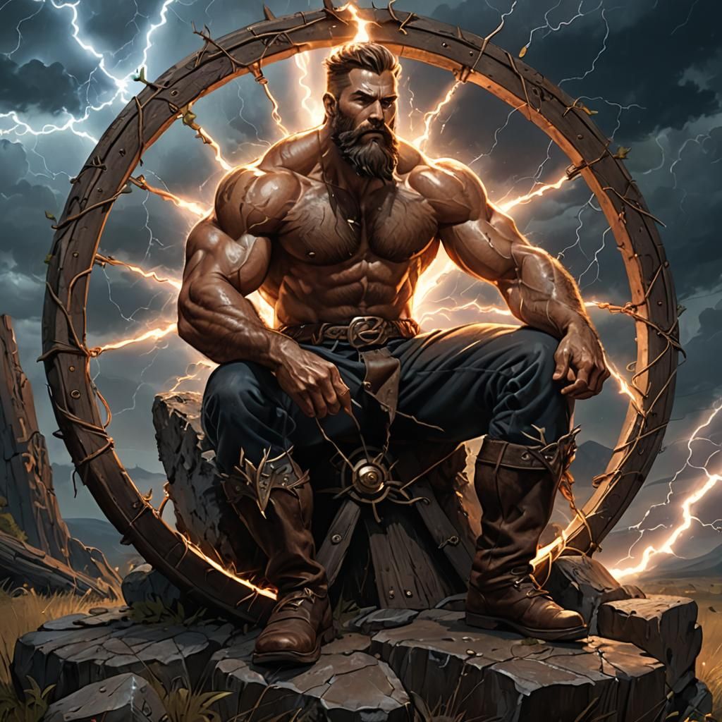 Epic Fantasy Hero with Lightning Bolt and Wagon Wheel