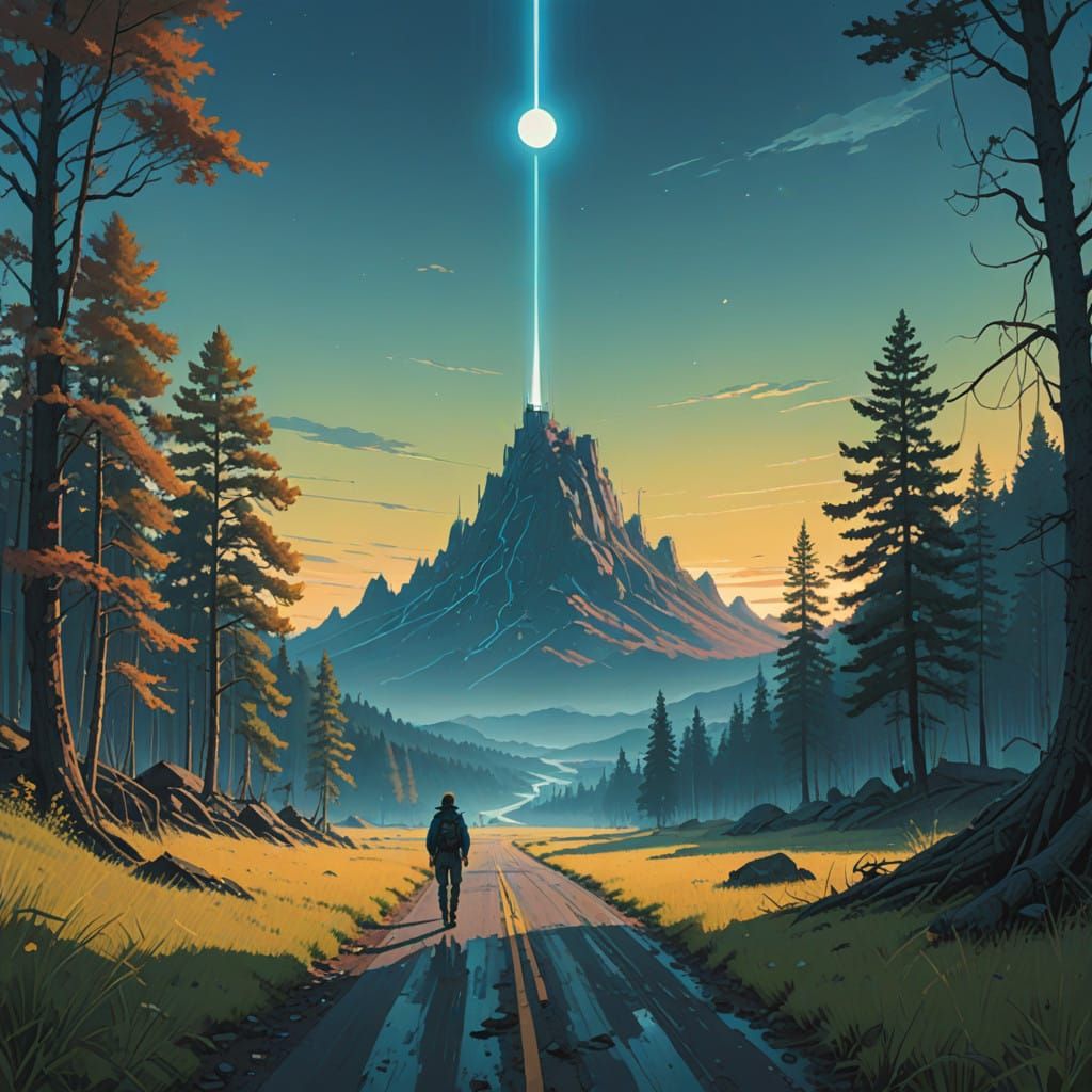 Heroic Adventurer Holds Radiant Compass Towards Golden Horiz...