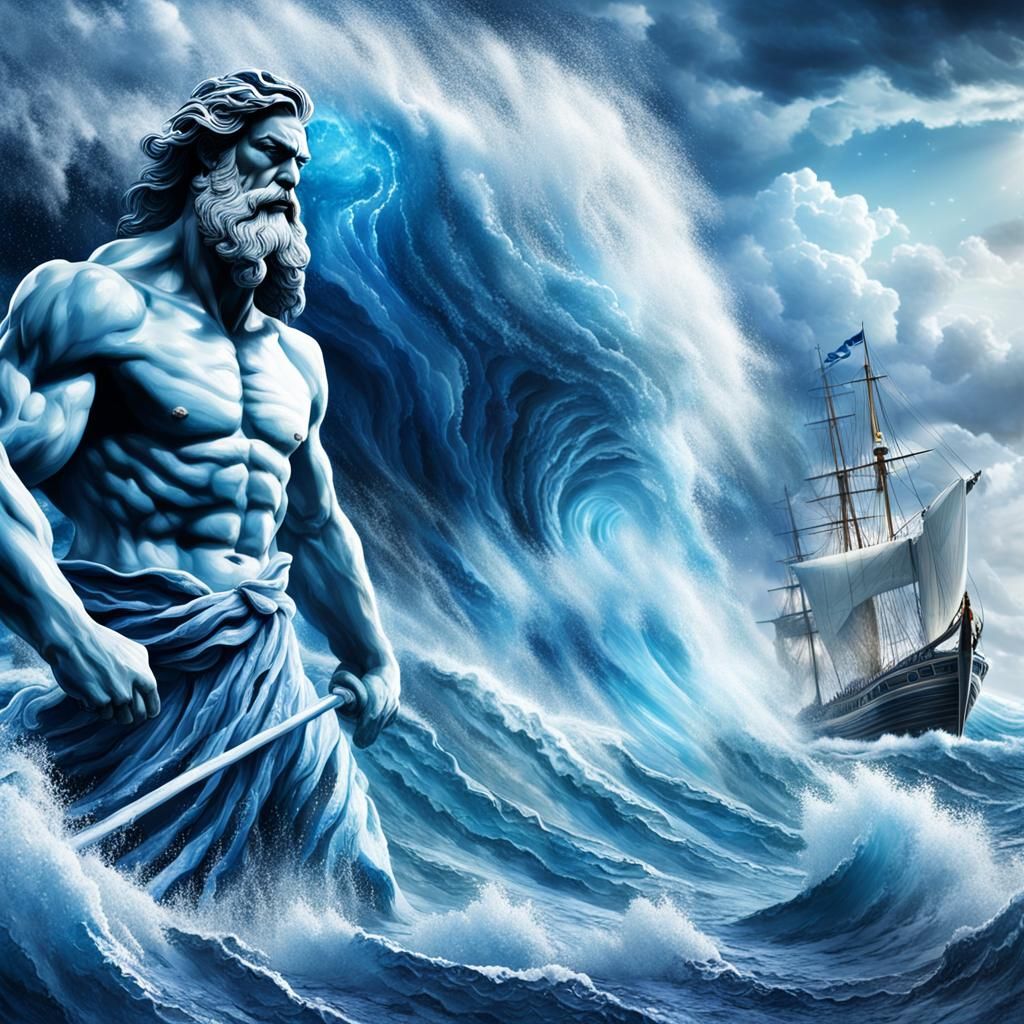 Poseidon in Turbulent Stormy Sea, Photorealistic Illustratio...