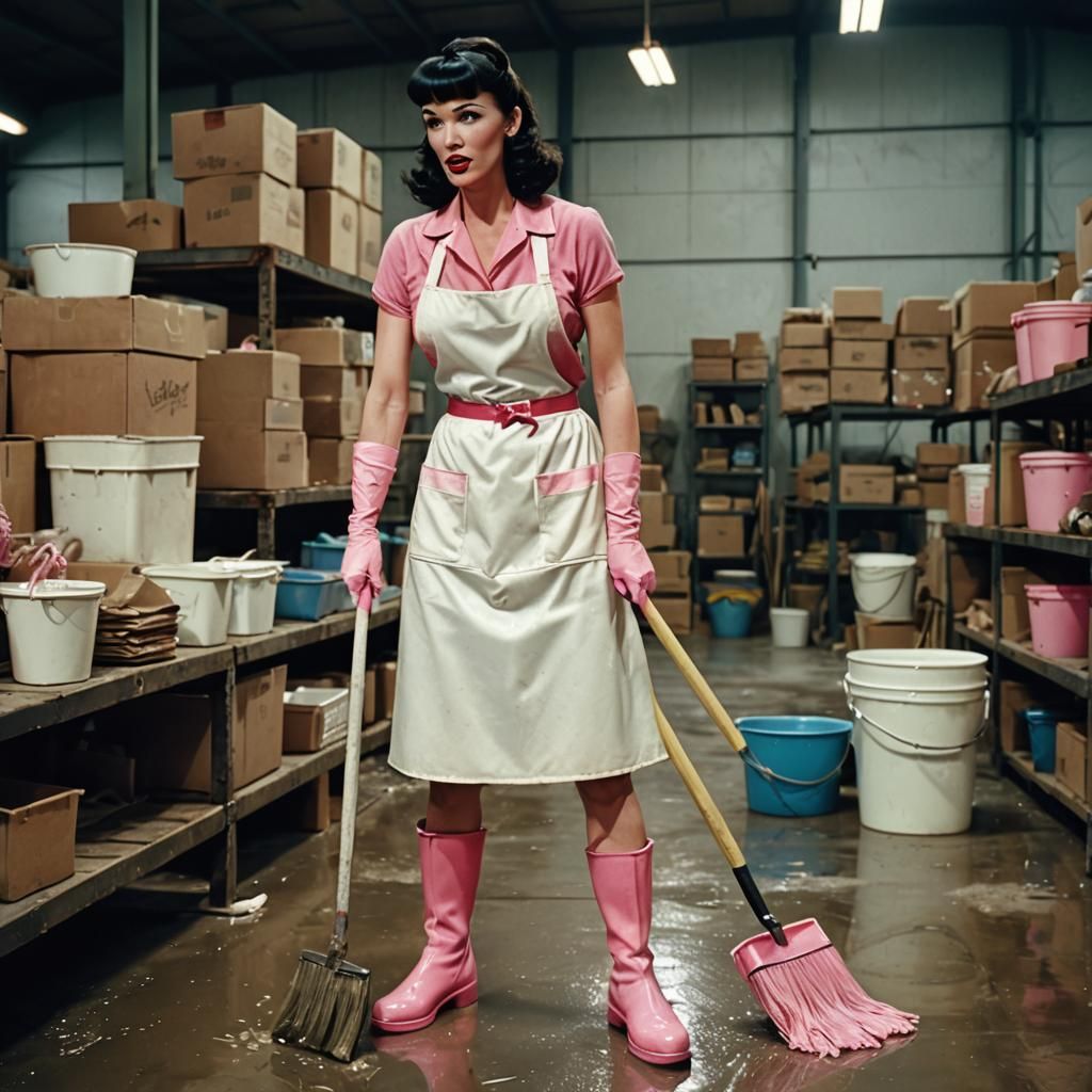 Betty Page Cleans a Warehouse: Cinematic Film Still