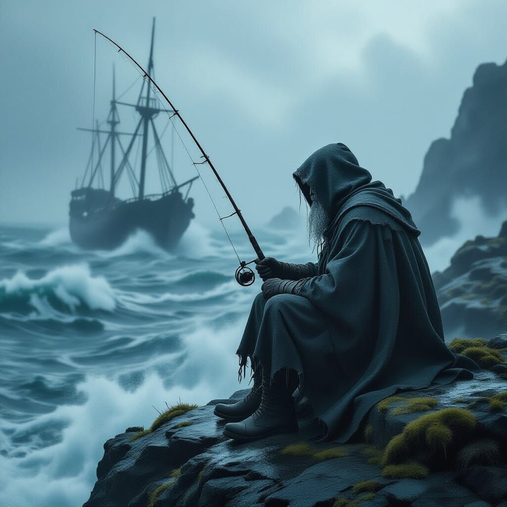 Dark Fantasy Angler on Jagged Rock Overlooking Stormy Sea