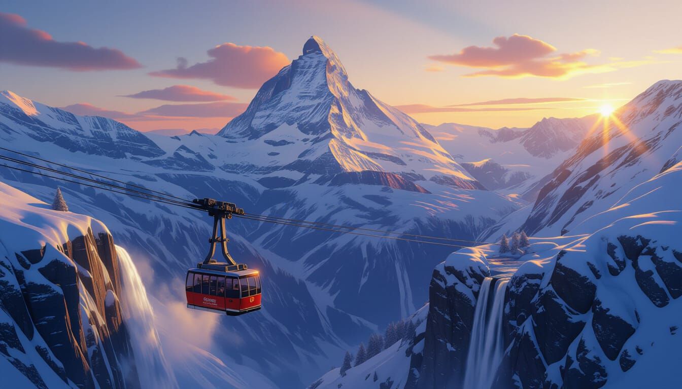 Whimsical Cable Car Ascends Snowy Alps Peak