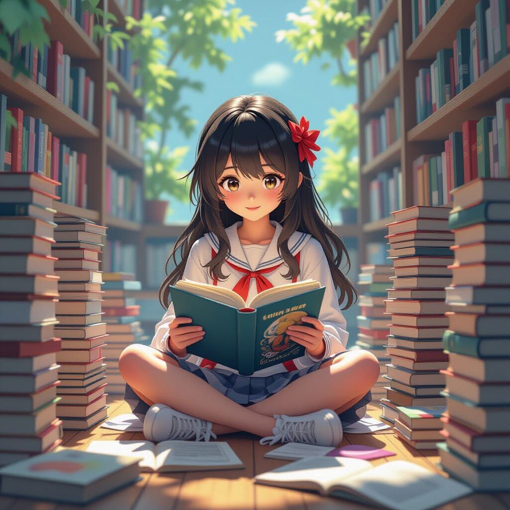 Girl Reading Surrounded by Books in Anime Style