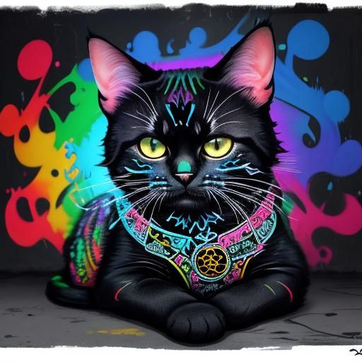 Colorful Sugar Skull Cat in Día de Muertos Graffiti