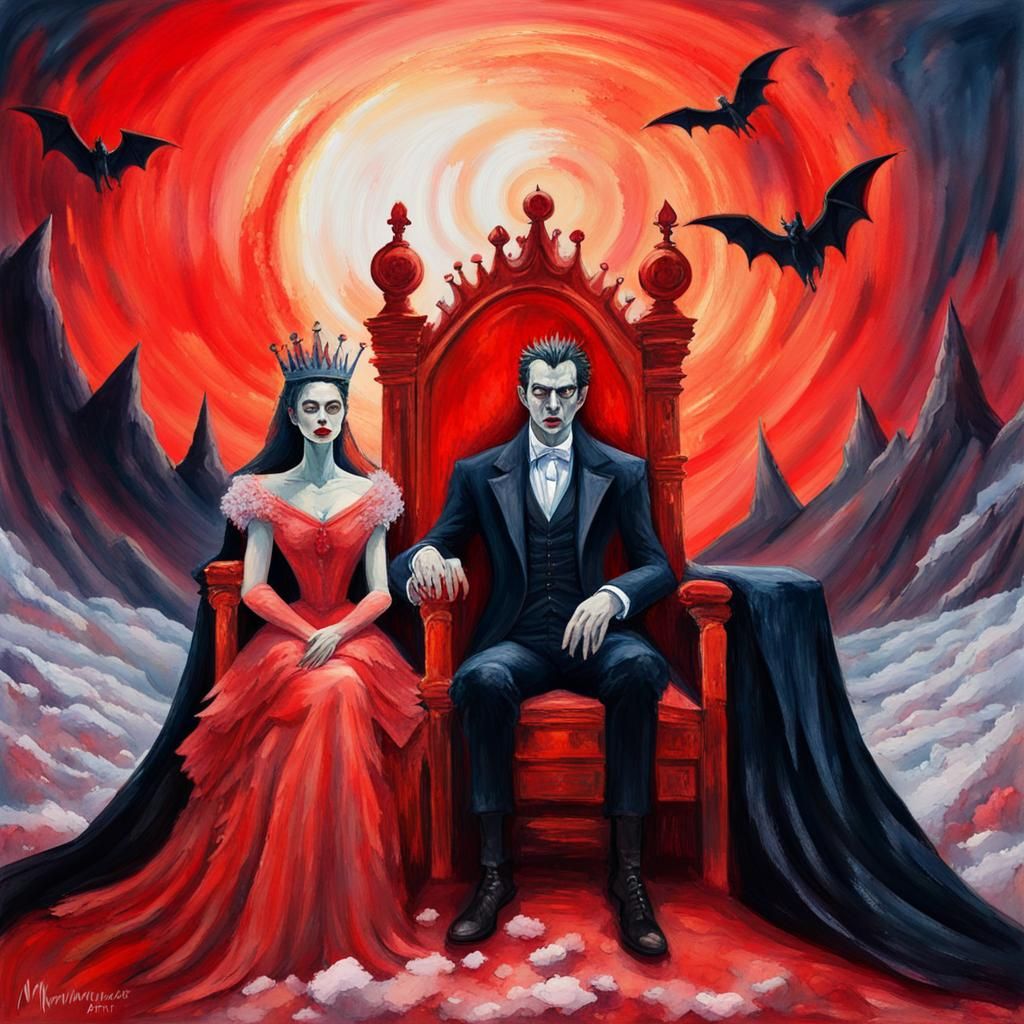 Vampire Royalty on Hellish Throne as Gouache Painting