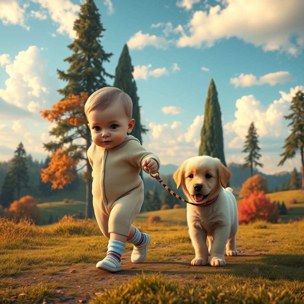 Cherubic Baby and Golden Retriever Puppy in Whimsical Fantas...