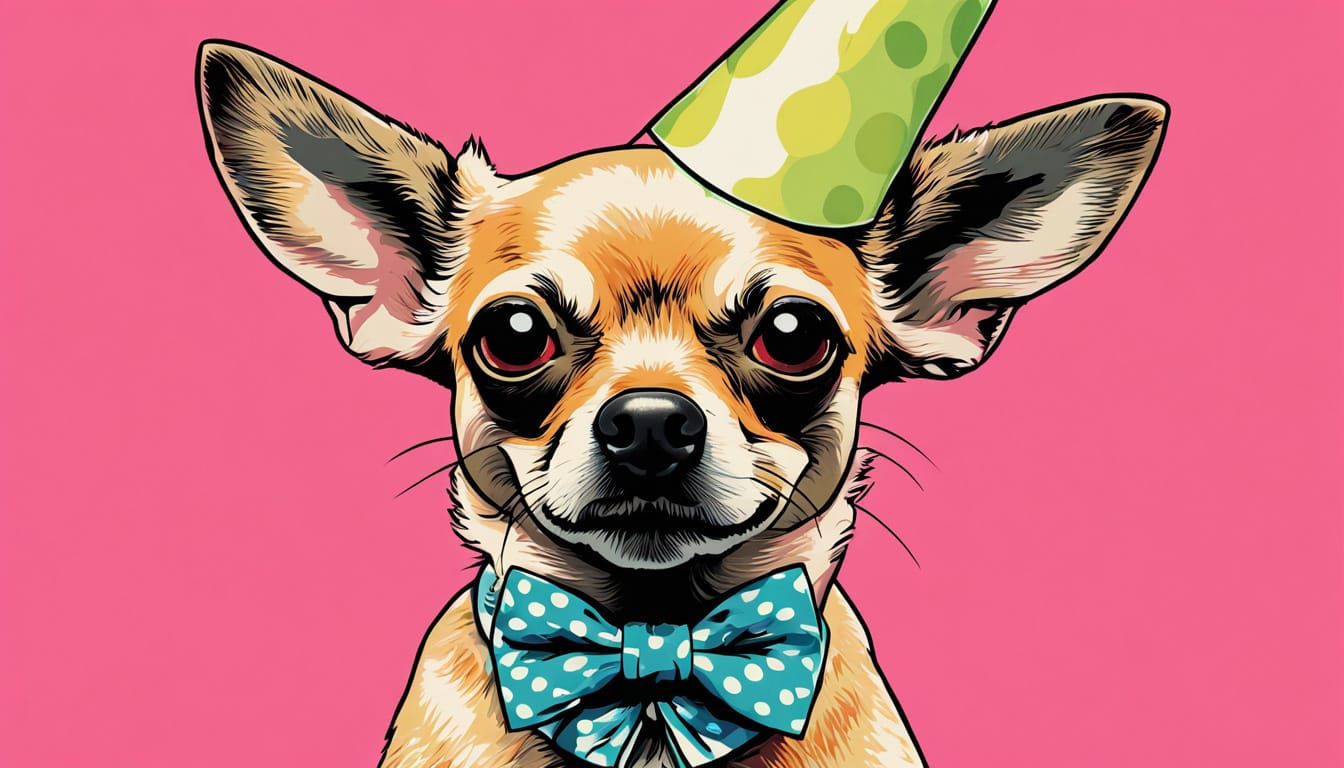 Pop Art Chihuahua in Polka-Dot Bow Tie and Ice-Cream Cone Ha...