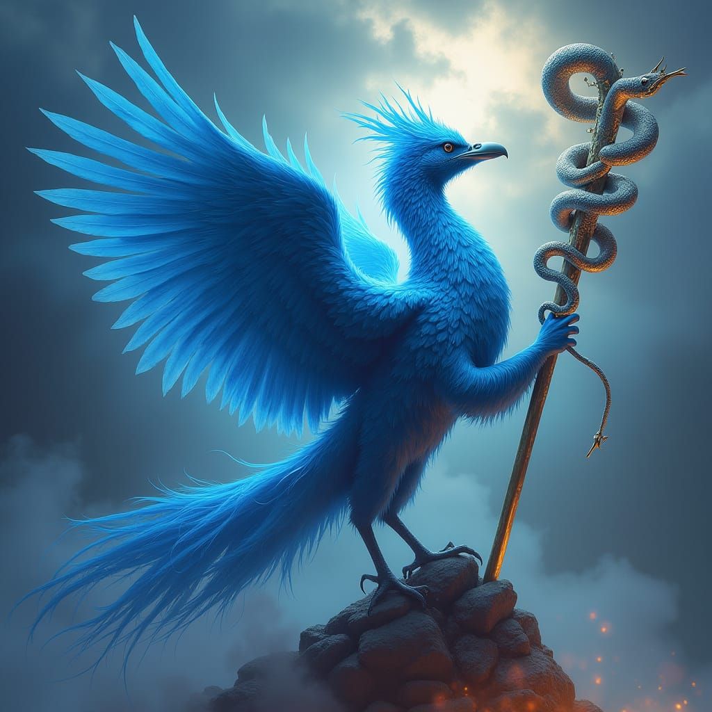 Blue Phoenix Rising with Caduceus Staff