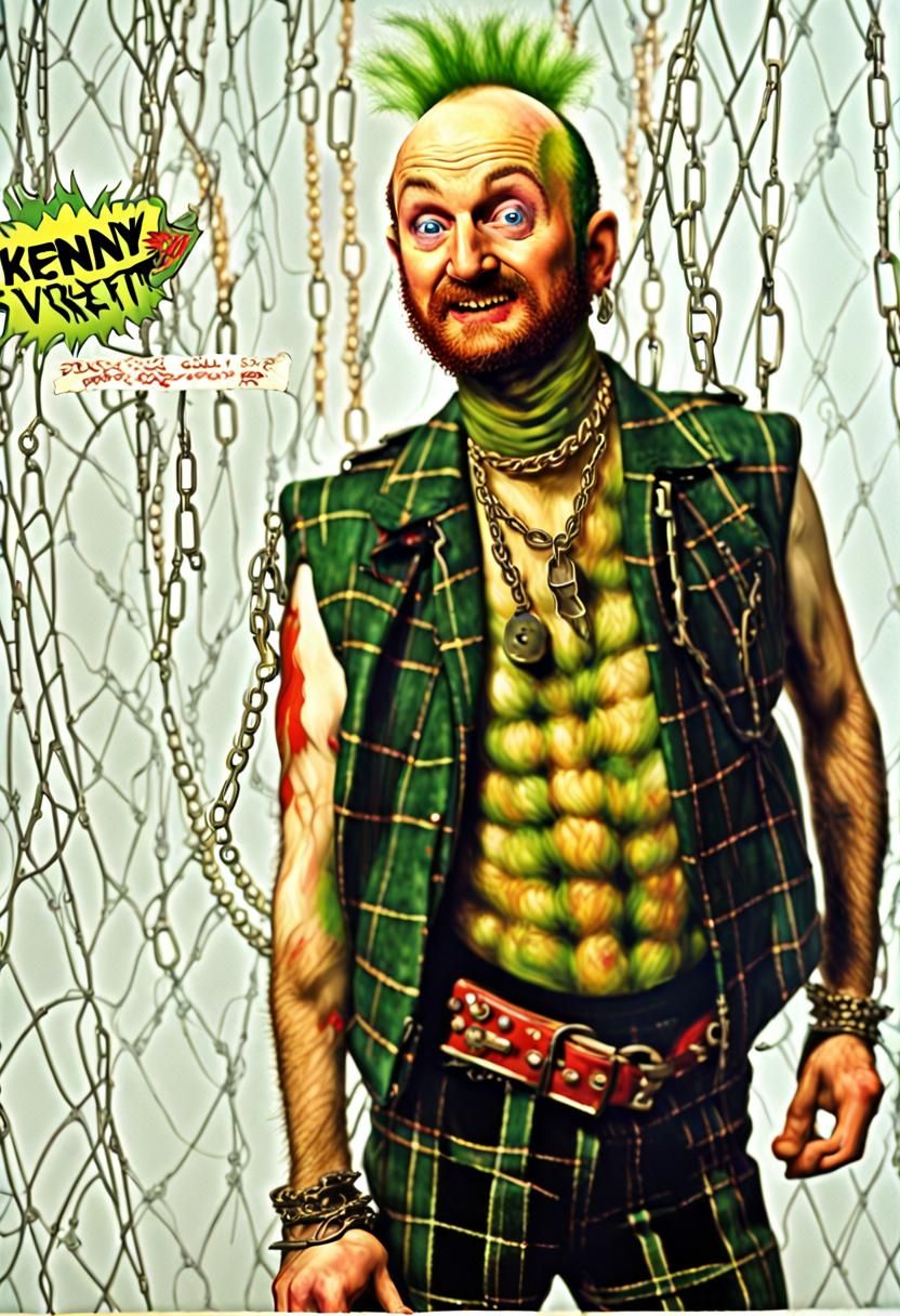 Kenny Everett as Gizzard Puke the Punk, green mohawk on bald...