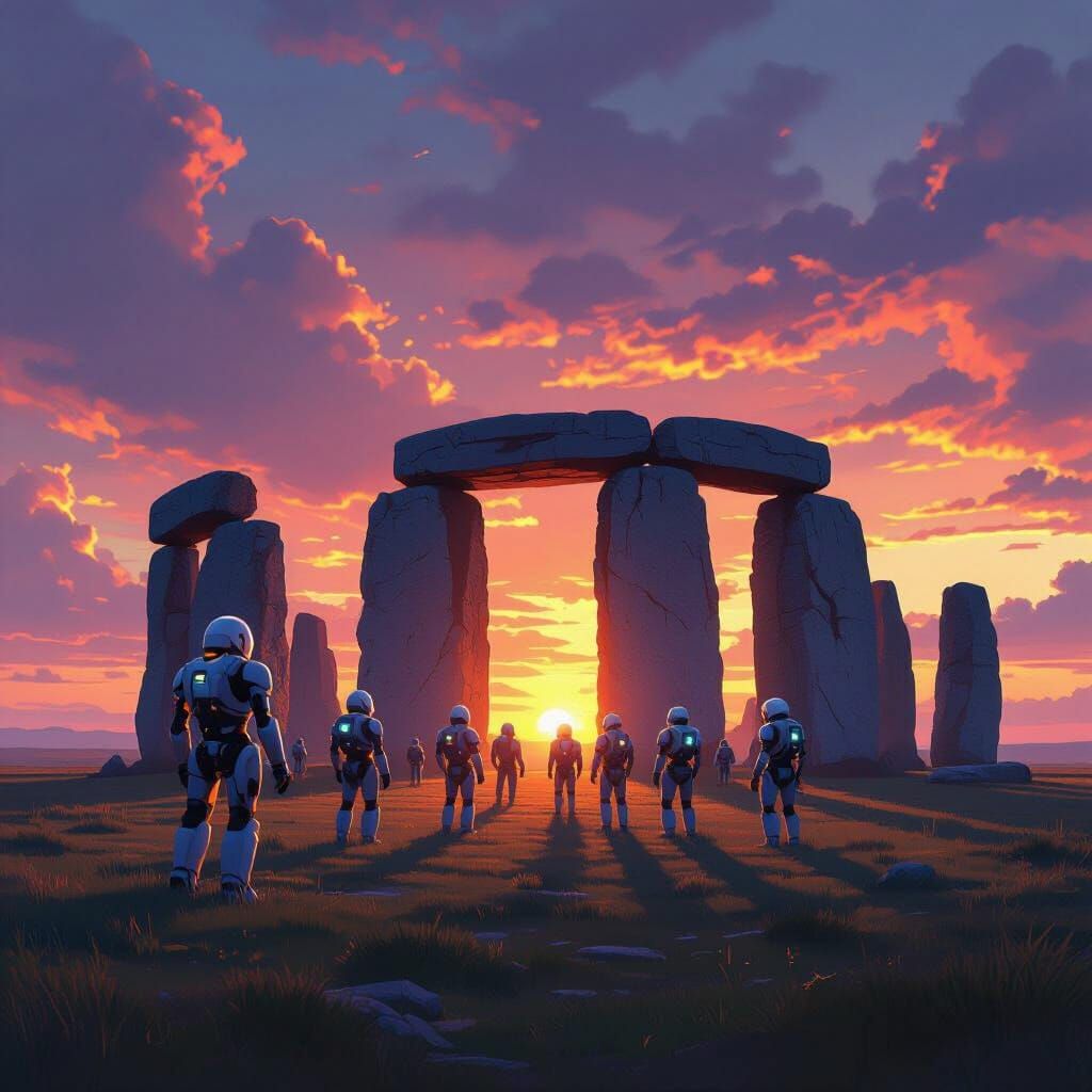 Futuristic Robots Gather at Ancient Stone Circle