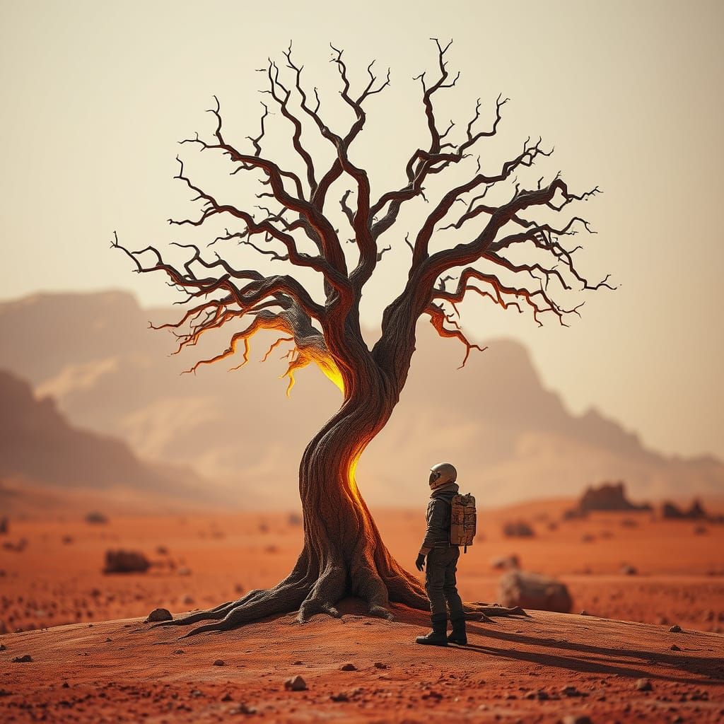 Ancient Tree on Mars with Glowing Branches