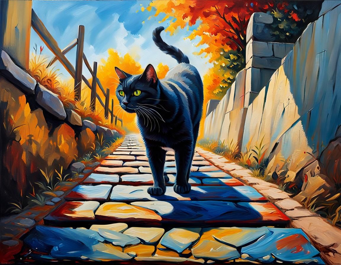 Man, Ladder, and Black Cat in Oil Painting