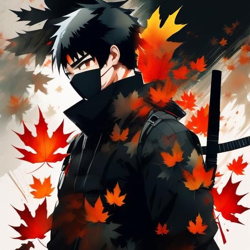 Ninja Double Exposure Portrait with Maple Leaves in Manhwa S...