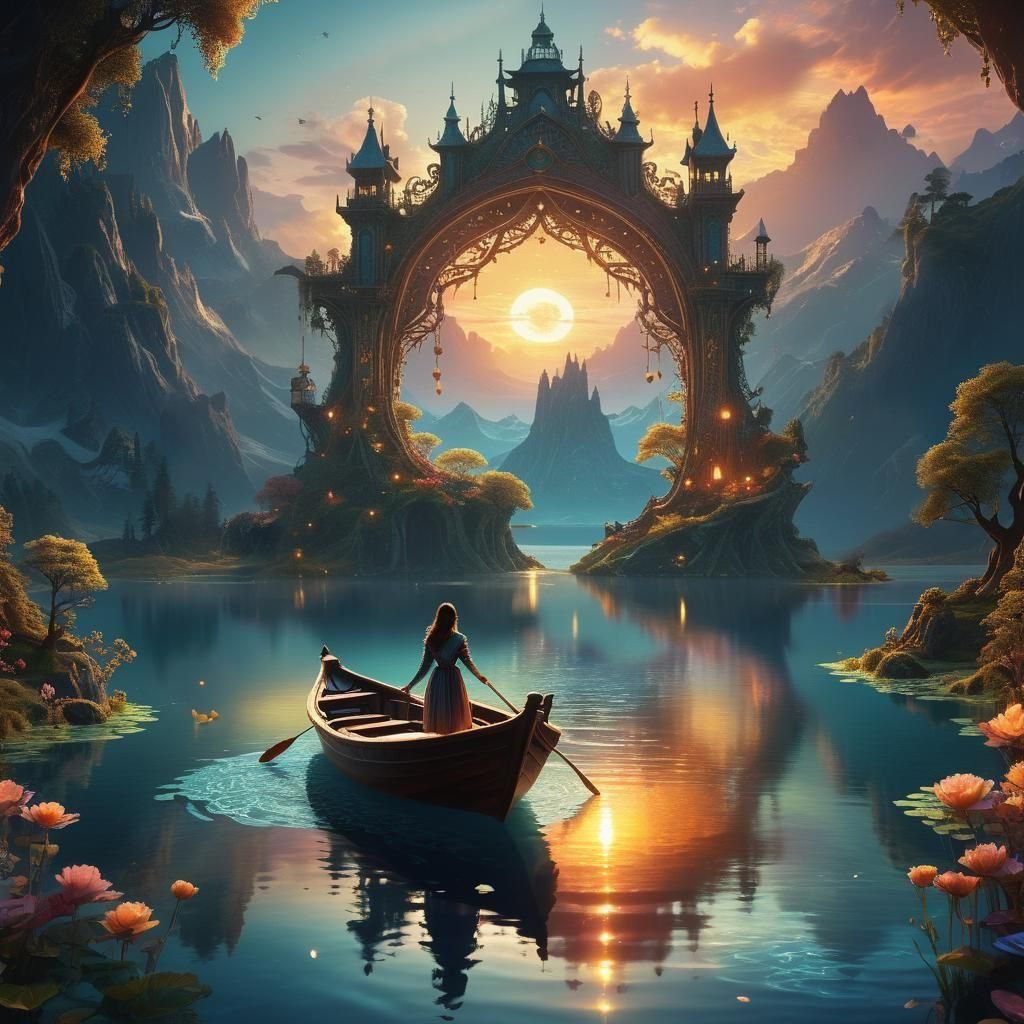 Enchanted Lake at Sunset: Ethereal Fantasy Art