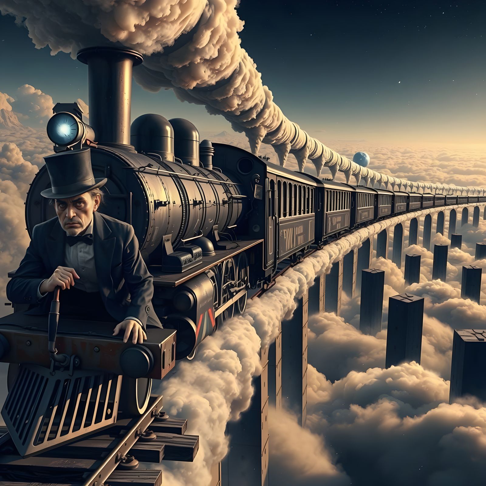 Surreal Train Scene in Hyperrealistic Style
