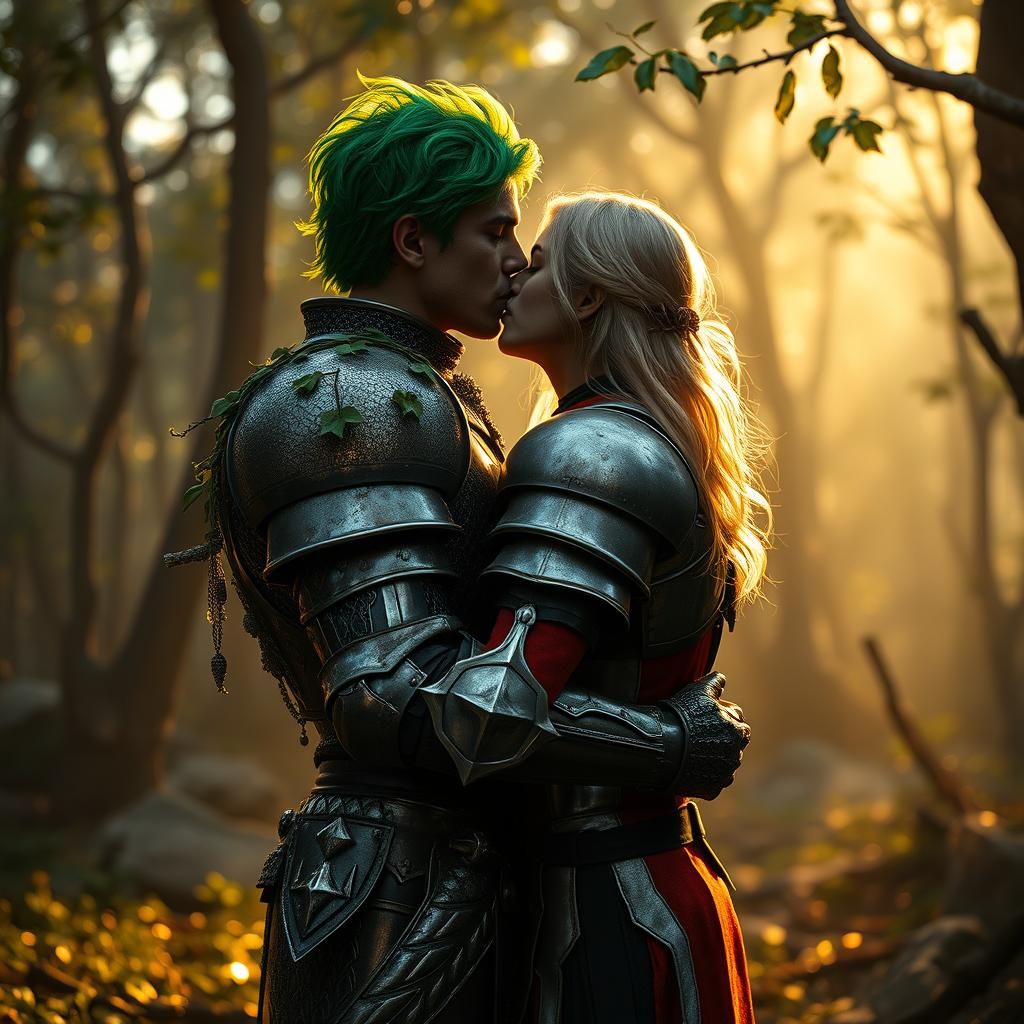 Knights' Embrace in Overgrown Forest, Hyper-Realistic Art