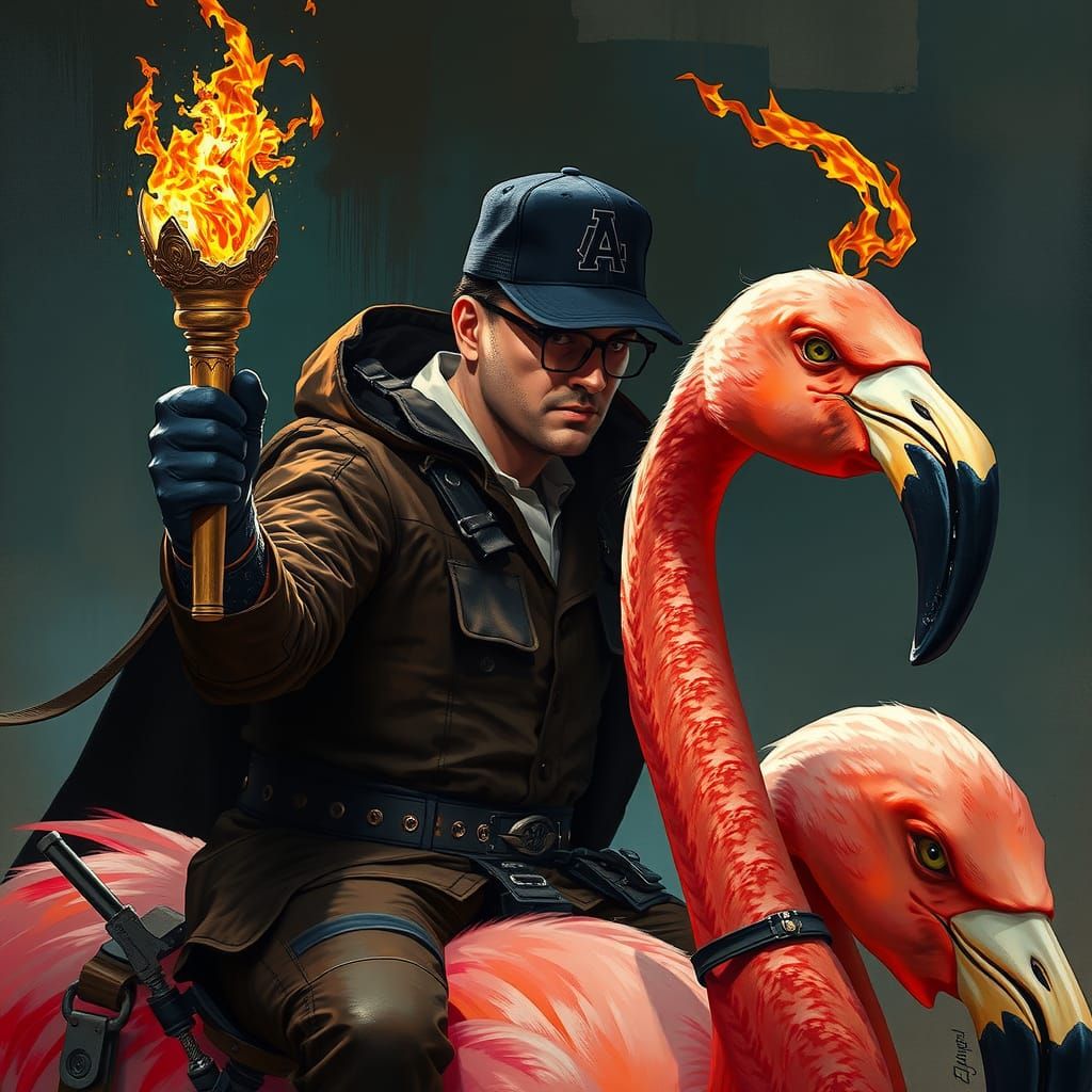 Cyberpunk Operative Rides Flamingo with Torch