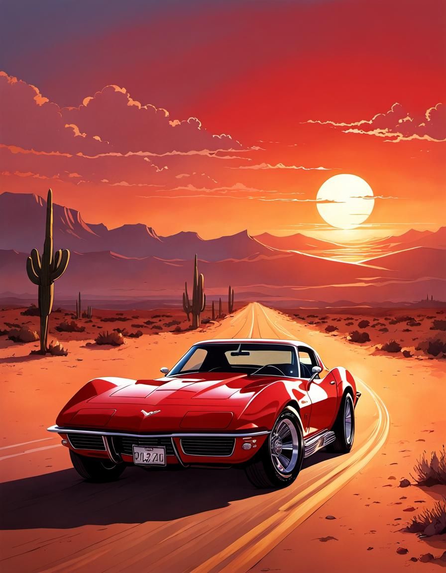 Red Corvette C3 Silhouette in Manga Comic Art