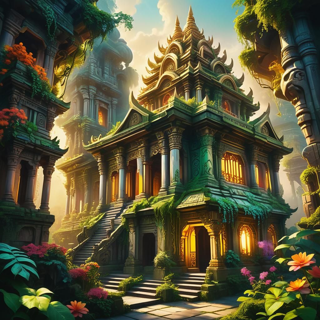 Mystical Temple Amidst Lush Greenery in Art Nouveau Style
