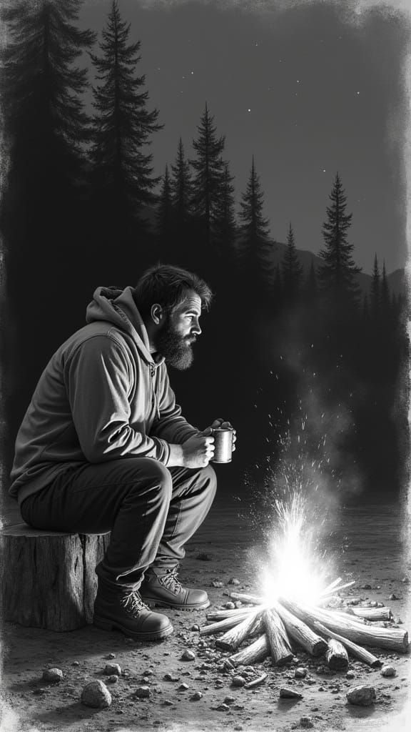 Expressive Charcoal Portrait of a Rugged Man by a Campfire