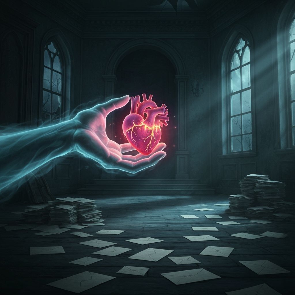 Spectral Hand Offers Glowing Heart in Gothic Mansion