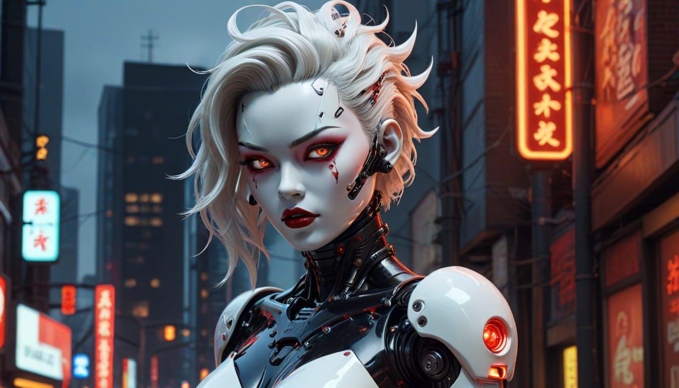 Cyberpunk Gynoid Pinup in Neon City