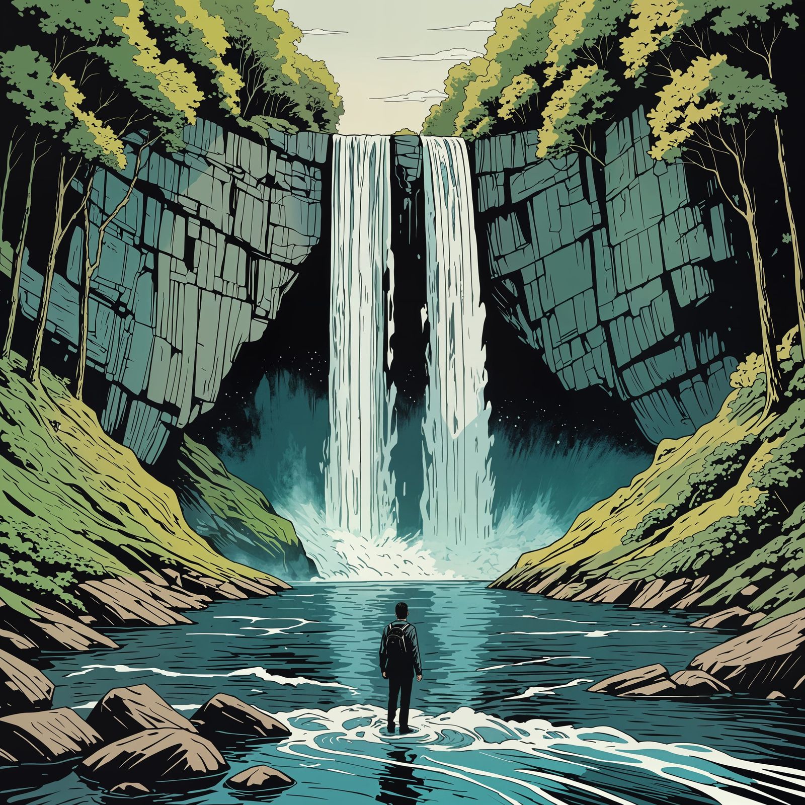 Surreal Waterfall in Graphic Novel Style