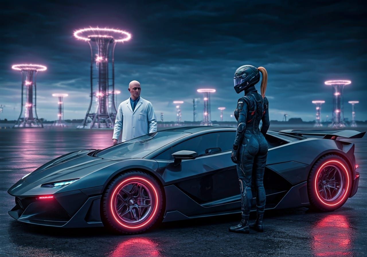 Sci-Fi Race Car with Scientists in Michael Bay Style