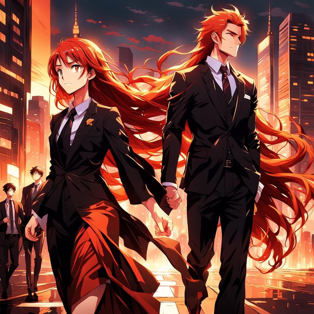 Anime Style: Red Hair, Black Dress, Cityscape