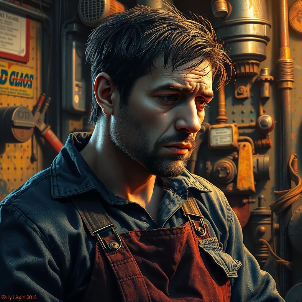 Despairing Mechanic in a Cluttered Workshop